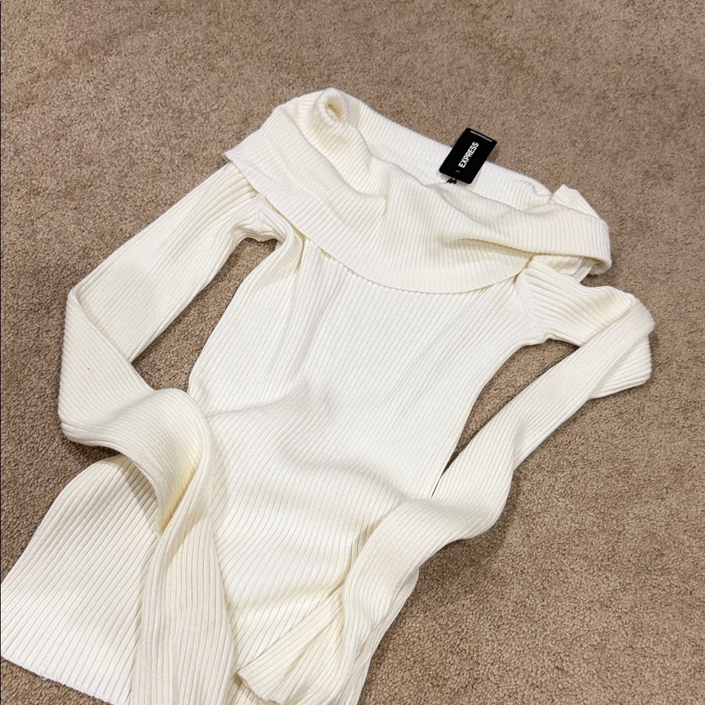 Express Cream Off-the-Shoulder Ribbed Long Sleeve